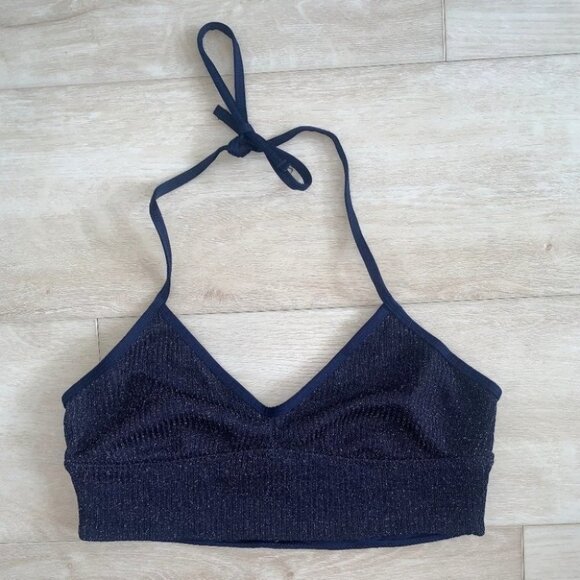 Aerie Halter Bralette Crop Top Naby Blue Sparkle Metallic Women’s Size Small - Picture 2 of 5
